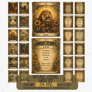 May include: A collection of 24 vintage-style zodiac tarot cards featuring ornate borders, floral accents, and illustrations of astrological signs. The set includes cards with detailed imagery and cards with text listing traits, elements, and ruling planets.