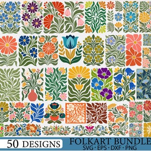 May include: A digital collection of 50 floral and botanical illustrations featuring diverse flower arrangements, leaves, and stems in vibrant colors like orange, blue, green, and purple. The text 50 DESIGNS FOLKART BUNDLE SVG EPS DXF PNG is visible.