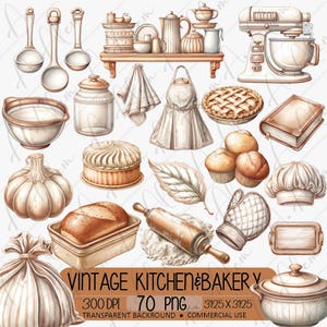 Pode incluir: Uma coleção de ilustrações de cozinha e padaria com uma batedeira, colheres medidoras, uma tigela, um pote de vidro, um avental, uma torta, um livro de receitas, pão, um rolo de massa, um muffin, um chapéu de chef e uma panela com o texto VINTAGE KITCHEN & BAKERY.