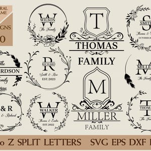 Marco floral SVG con nombre de familia, monograma de boda (archivos digitales)