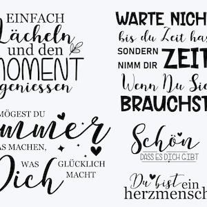 Puede incluir: Una colecci&oacute;n de cinco dise&ntilde;os tipogr&aacute;ficos negros sobre fondo blanco con frases en alem&aacute;n: Einfach L&auml;cheln und den Moment geniessen, Warte nicht bis du Zeit hast sondern nimm dir Zeit wenn du sie brauchst, M&ouml;gest du immer das machen was dich gl&uuml;cklich macht, Sch&ouml;n dass es dich gibt y Du bist ein Herzmensch.