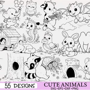 Pode incluir: Uma coleção de ilustrações de arte linear em preto e branco com vários animais, incluindo uma vaca, dragão, elefante, coruja e guaxinim. O texto 55 DESIGNS CUTE ANIMALS SVG EPS DXF PNG está impresso na parte inferior da imagem.