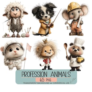 Pode incluir: Uma coleção de seis animais de desenho animado em várias profissões. Inclui uma ovelha alfaiate, um cão professor, um elefante construtor, um hamster astronauta, um leão rei e um urso chef. A imagem contém o texto "PROFESSION ANIMALS 65 PNG".