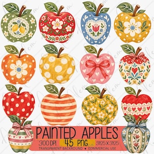 Pode incluir: Uma coleção de dezasseis ilustrações digitais de maçãs com vários padrões, incluindo bolinhas, riscas, motivos florais e laços em vermelho, amarelo, verde, azul e rosa. O texto diz PAINTED APPLES 300 DPI 45 PNG 3125 X 3125.