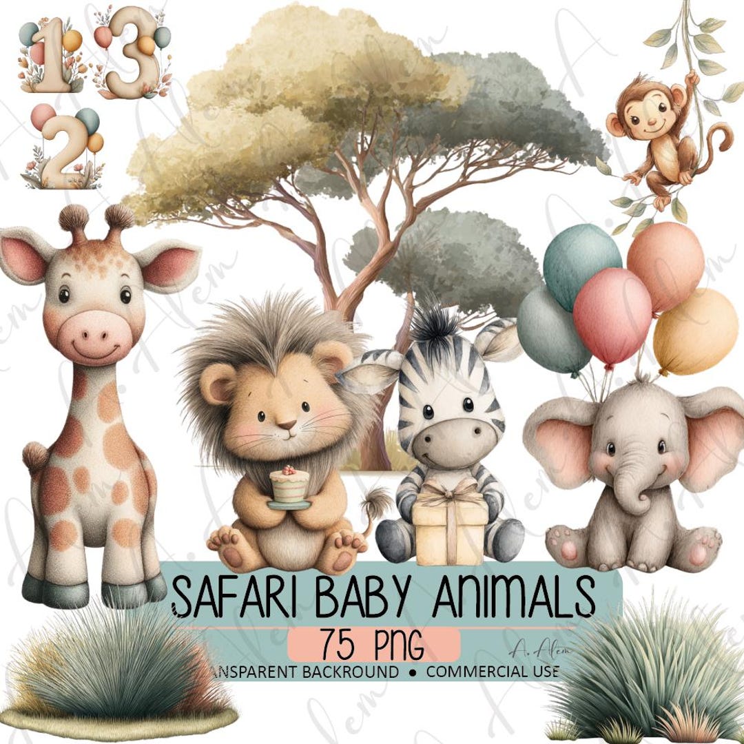Watercolor Safari Baby Animals Clipart, Jungle Nursery Decor (75 PNG ...