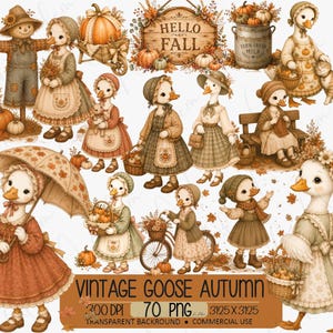 May include: A collection of vintage-style illustrations featuring anthropomorphic geese in autumn settings. The images include geese dressed in vintage clothing, pumpkins, and fall foliage. A sign reads "Hello Fall."