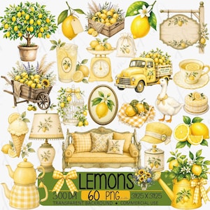 May include: A collection of lemon-themed illustrations including a potted lemon tree, a yellow truck, a goose, a sofa, a teapot, a lamp, a scale, a wheelbarrow, a cake, an ice cream cone, and a sign, all featuring yellow lemons and green leaves.
