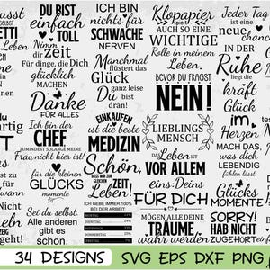 May include: A collection of 34 black text-based graphic designs on a light grey background. The phrases include German motivational quotes, humorous sayings, and decorative elements like hearts and butterflies, presented in various serif and script fonts.