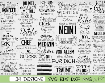 May include: A collection of 34 black text-based graphic designs on a light gray background. The phrases include German motivational quotes, humorous sayings, and decorative elements like hearts and butterflies, presented in various serif and script fonts.