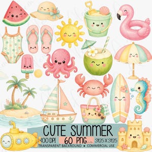 May include: Watercolor illustrations of summer-themed objects, including a watermelon slice, sun hat, flip-flops, sun, bucket, flamingo, swimsuit, popsicle, octopus, coconut, umbrella, sailboat, crab, surfboard, seahorse, beach bag, submarine, and sandcastle. Text reads "CUTE SUMMER".