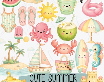 Kawaii Summer Beach Clipart Bundle, Tropical Ocean Animals Graphics (Digital Download)