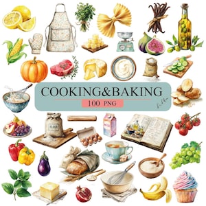 May include: Watercolor illustration of cooking and baking ingredients and tools. Includes lemons, a floral apron, herbs, pasta, vanilla beans, olive oil, figs, a scale, pumpkin, cheese, cream, salt, cucumbers, potatoes, flour, eggs, milk, bread, and more.