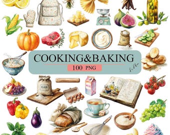 May include: Watercolor illustration of cooking and baking ingredients and tools. Includes lemons, a floral apron, herbs, pasta, vanilla beans, olive oil, figs, a scale, pumpkin, cheese, cream, salt, cucumbers, potatoes, flour, eggs, milk, bread, and more.