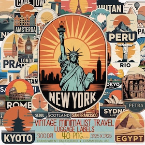 May include: A collection of vintage-style travel luggage labels featuring iconic landmarks and city names. The labels showcase illustrations of the Statue of Liberty, the Eiffel Tower, and other global destinations. The color palette includes orange, blue, and brown.