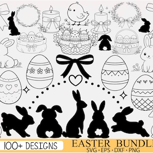 Pode incluir: Uma coleção digital de gráficos em preto e branco com tema de Páscoa, incluindo coelhinhos, pintinhos, ovos decorados, laços, velas e guirlandas de flores. O banner inferior exibe o texto 100+ DESIGNS EASTER BUNDLE SVG EPS DXF PNG.