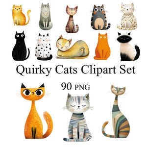 May include: A collection of whimsical cat illustrations in various poses and colors, including orange, black, gray, and white. The text "Quirky Cats Clipart Set" and "90 PNG" are displayed below the cat images. These images are suitable for digital art projects.