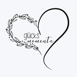 Puede incluir: Un dise&ntilde;o gr&aacute;fico negro sobre fondo blanco con forma de coraz&oacute;n. El lado izquierdo del coraz&oacute;n est&aacute; formado por una rama con hojas, mientras que el lado derecho es una l&iacute;nea curva simple. El texto gl&uuml;cks momente est&aacute; centrado en el coraz&oacute;n.