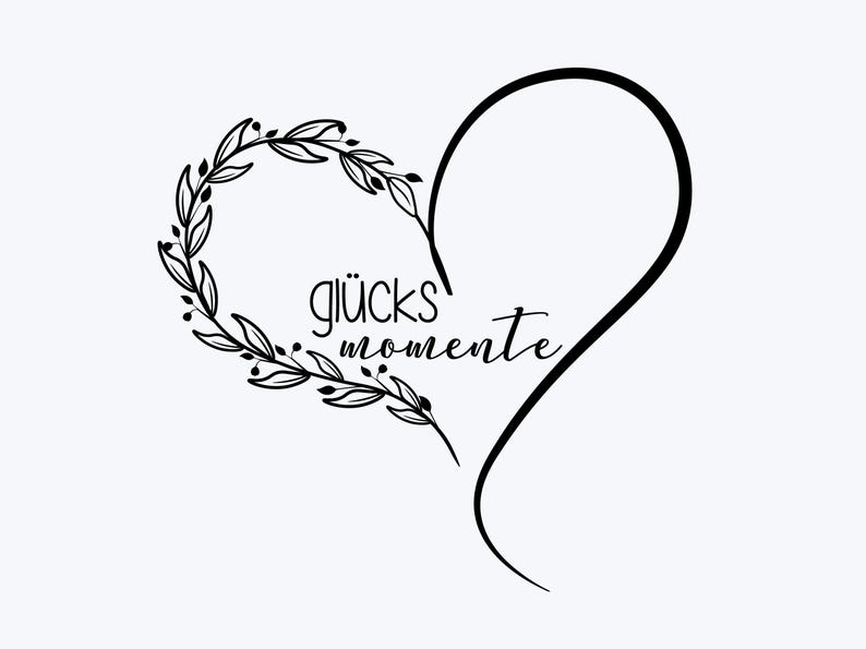 Puede incluir: Un dise&ntilde;o gr&aacute;fico negro sobre fondo blanco con forma de coraz&oacute;n. El lado izquierdo del coraz&oacute;n est&aacute; formado por una rama con hojas, mientras que el lado derecho es una l&iacute;nea curva simple. El texto gl&uuml;cks momente est&aacute; centrado en el coraz&oacute;n.