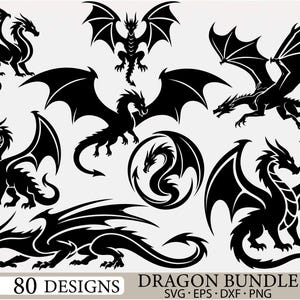 Könnte beinhalten: Eine Sammlung schwarzer Drachenillustrationen in verschiedenen Posen, darunter fliegend, stehend und eingerollt. Das Bild enthält den Text "80 DESIGNS DRAGON BUNDLE SVG • EPS • DXF • PNG".