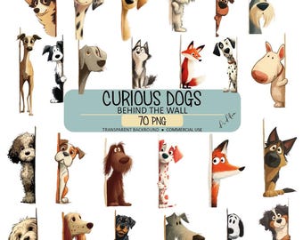 May include: A collection of cartoon dogs peeking from behind walls. The dogs are of various breeds and colors, with playful expressions. The image includes the text "Curious Dogs Behind the Wall 70 PNG" on a teal background.
