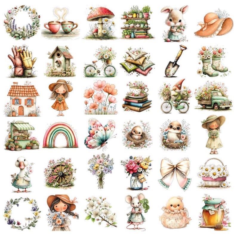 May include: A selection of watercolour illustrations with spring and garden themes. Includes images of flowers, animals, garden tools, and decorative elements like a rainbow, a house, and a bicycle. The colour palette is soft and pastel.