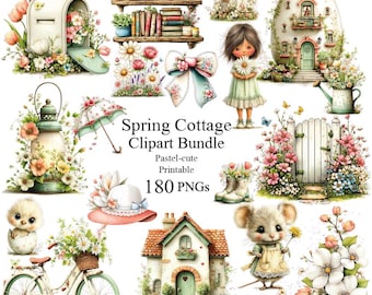 Pastel Spring Cottage Clipart Bundle, Watercolor Garden Animals (PNG, Digital Download