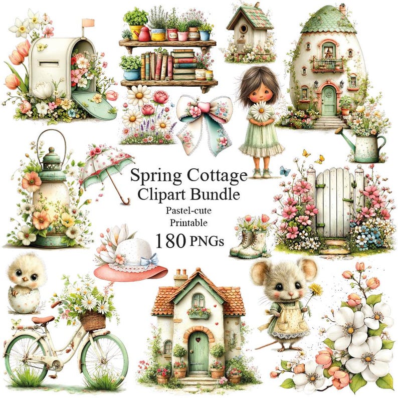 Pastel Spring Cottage Clipart Bundle, Watercolor Garden Animals (PNG, Digital Download image 1