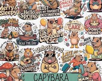 Capybara PNG Bundle, Pack de cliparts rétro, Sublimation animaux confortables (60 PNG)