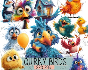 Quirky Bird  Bundle, Funny Bird , Colorful  Characters, Birdhouse Clipart, Kids Illustration, Commercial Use
