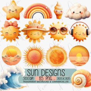 Boho Watercolor Sun Clipart, Kawaii Summer Characters, Weather Elements (Digital Download)