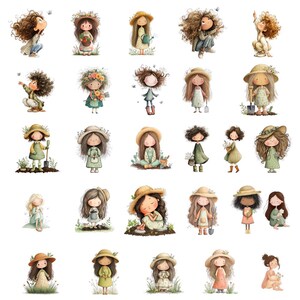 May include: A collection of watercolor illustrations of whimsical garden girls. Each girl is depicted with curly hair, wearing dresses and hats, and engaging in gardening activities. The color palette includes soft greens, browns, and yellows.