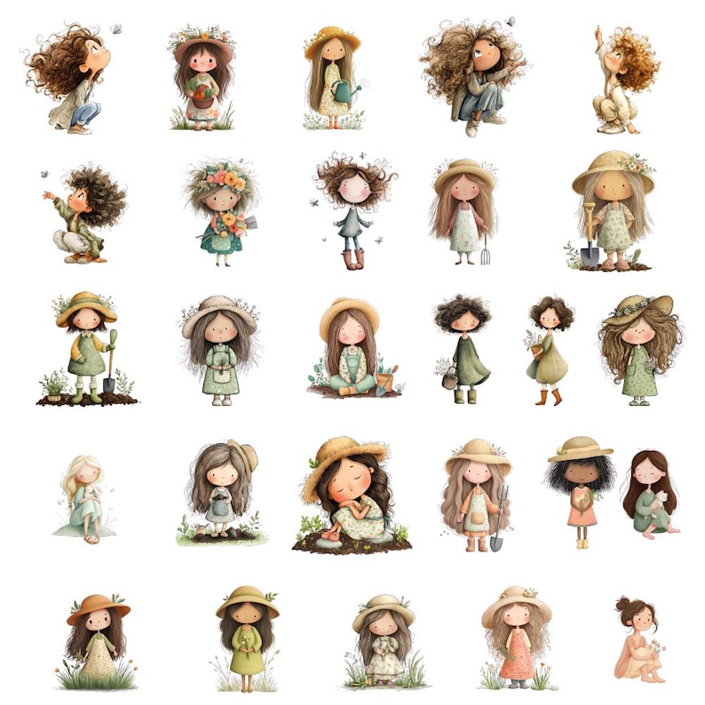 May include: A collection of watercolor illustrations of whimsical garden girls. Each girl is depicted with curly hair, wearing dresses and hats, and engaging in gardening activities. The color palette includes soft greens, browns, and yellows.