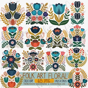 Puede incluir: Una colecci&oacute;n de dise&ntilde;os florales de arte popular. Los dise&ntilde;os presentan flores estilizadas en tonos de verde azulado, azul marino, coral y rosa, con acentos dorados y verdes. El texto "FOLK ART FLORAL" est&aacute; en la parte inferior.