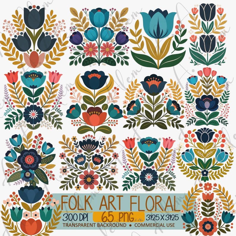 Puede incluir: Una colecci&oacute;n de dise&ntilde;os florales de arte popular. Los dise&ntilde;os presentan flores estilizadas en tonos de verde azulado, azul marino, coral y rosa, con acentos dorados y verdes. El texto "FOLK ART FLORAL" est&aacute; en la parte inferior.