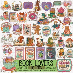 Op de afbeelding: Een verzameling kleurrijke digitale stickers met diverse dieren, personages en objecten gerelateerd aan lezen, waaronder boeken, theekopjes en teksten zoals Book Lovers, Reading Mode On en Donut Disturb, gerangschikt op een witte achtergrond.