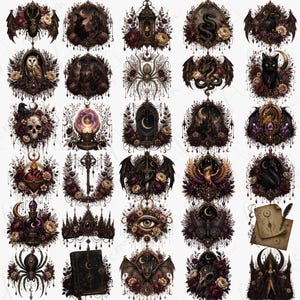 May include: A collection of gothic-themed digital illustrations featuring various elements such as bats, owls, snakes, and skulls, all framed with ornate floral arrangements in shades of burgundy, cream, and black. Each design has a dark, mystical aesthetic.