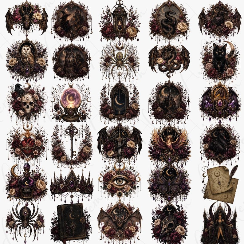 May include: A collection of gothic-themed digital illustrations featuring various elements such as bats, owls, snakes, and skulls, all framed with ornate floral arrangements in shades of burgundy, cream, and black. Each design has a dark, mystical aesthetic.