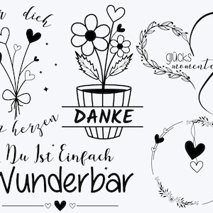 Puede incluir: Una colecci&oacute;n de dise&ntilde;os de arte lineal negro sobre fondo blanco. Incluye un ramo de flores con forma de coraz&oacute;n con el texto 'f&uuml;r dich von herzen', una flor en maceta con 'DANKE', una corona con forma de coraz&oacute;n con 'gl&uuml;cks momente' y 'Du Ist Einfach Wunderbar'.