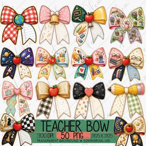 May include: A collection of twelve decorative bows featuring various school-themed illustrations including globes, apples, books, pencils, art supplies, and space motifs, with the text TEACHER BOW 50 PNG 300 DPI 3125 X 3125 displayed at the bottom.