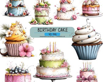 Könnte beinhalten: Eine Sammlung von Aquarell-Geburtstagskuchen-Designs. Die Kuchen variieren in Größe und Stil und verfügen über mehrere Etagen, Cupcakes und dekorative Elemente wie Früchte, Blumen und Kerzen. Der Text "BIRTHDAY CAKE" ist enthalten.