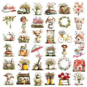 May include: A set of watercolour illustrations with spring and garden themes. Includes a hat, truck, watering can, teacup, birdhouse, flowers, girl, bunny, wreath, kitten, teapot, sofa, mouse, window, bicycle, gnome, honey jar, umbrella, car, girl, fence, watering can, shovel, bucket, wreath, house, lamb, house, lantern, boots, poppies, and snowdrops.