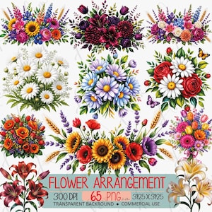 May include: A collection of watercolor flower arrangements in various styles. The arrangements include sunflowers, daisies, roses, and other flowers in vibrant colors. The text "FLOWER ARRANGEMENT" is at the bottom, along with other details.