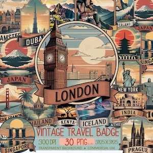 Op de afbeelding: Een vintage reisbadge-ontwerp met illustraties van beroemde bezienswaardigheden. Het ontwerp bevat afbeeldingen van Big Ben, het Vrijheidsbeeld en de Eiffeltoren. De tekst "LONDON" staat op een banner. De tekst "VINTAGE TRAVEL BADGE" is ook aanwezig.