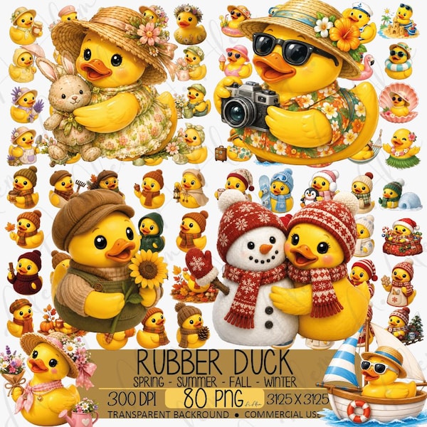 Bundle saisonnier de cliparts de canard en caoutchouc, PNG de printemps été automne hiver (téléchargement numérique)