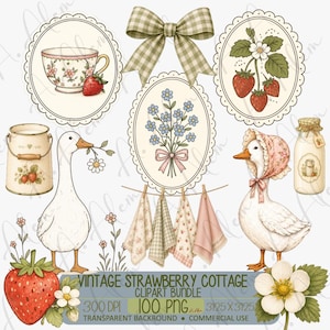 May include: A digital clipart collection featuring white geese, strawberries, floral bouquets in oval frames, a gingham bow, a milk can, a glass milk bottle, and hanging kitchen towels. The text reads VINTAGE STRAWBERRY COTTAGE CLIPART BUNDLE.