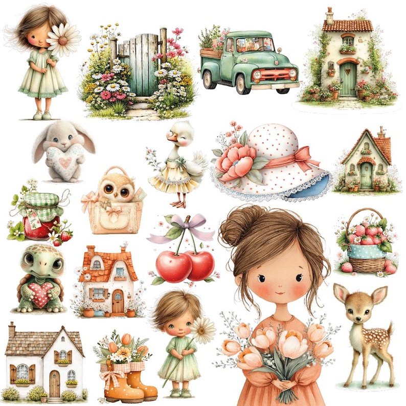 May include: A selection of watercolour illustrations featuring cute characters and objects. Includes a girl with a daisy, a bunny holding a heart, a goose, a turtle, a deer, a truck, houses, a hat, cherries, and a girl with tulips.