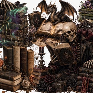 Pode incluir: Ilustra&ccedil;&atilde;o g&oacute;tica de um esqueleto lendo um livro, rodeado por pilhas de livros antigos, um drag&atilde;o, rosas e velas. A imagem utiliza uma paleta de cores escuras, dominada por tons de castanho, preto e vermelho, criando uma est&eacute;tica misteriosa e vintage.