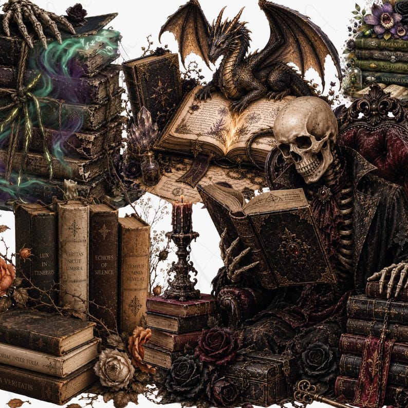 Pode incluir: Ilustra&ccedil;&atilde;o g&oacute;tica de um esqueleto lendo um livro, rodeado por pilhas de livros antigos, um drag&atilde;o, rosas e velas. A imagem utiliza uma paleta de cores escuras, dominada por tons de castanho, preto e vermelho, criando uma est&eacute;tica misteriosa e vintage.