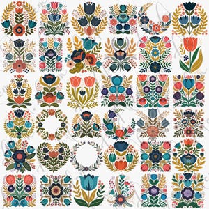 Puede incluir: Una colecci&oacute;n de dise&ntilde;os florales coloridos al estilo del arte popular. Los dise&ntilde;os presentan varios arreglos florales, coronas y flores individuales en tonos de azul, naranja y verde. La est&eacute;tica general es decorativa y vibrante.