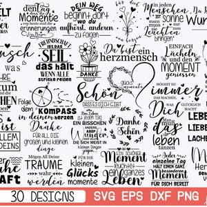Könnte beinhalten: Eine Sammlung von dreißig schwarz-weißen digitalen Grafikdesigns mit verschiedenen inspirierenden deutschen Zitaten, Blumenmotiven, Herzen und Kompassillustrationen. Der Text enthält Phrasen wie Die Welt ist voller Wunder und Danke.